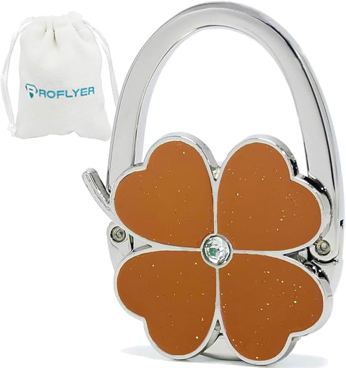 ROFLYER Four Leaf Clover Design Foldable Handbag Hanger Folding Purse Table Hook Holder (Brown)