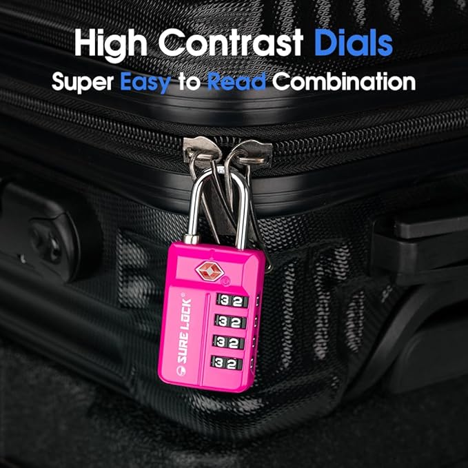 SURE LOCK TSA Approved 4-Digit Resettable Combination Luggage Locks with Open Alert, Easy-Read Dials - for Luggage, School Lockers, Gym, Office, Toolbox & Security Cases(4 Assorted Colors)