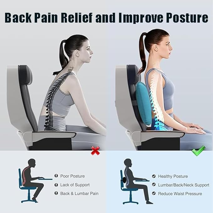 Foldable Inflatable Lumbar Support Pillow,H-Type Self Pressing Inflation Pillow for Office Chair and Airplane Travel Seat,Back Pain Relief Improve Posture (Teal Blue)