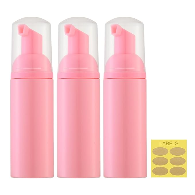 Travel Foam Pump Bottle - 2oz Empty Foaming Soap Dispenser for Lash Shampoo - Plastic Small Mousse Container for Mini Travel Size - Refillable Eyelash Wash Cleanser Foamer Portable 60ml Pink