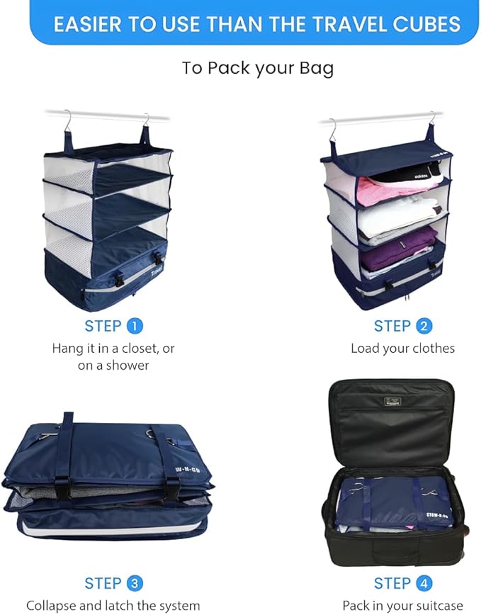 Grand Fusion Stow-N-Go Packing Organizer for Luggage, Portable Hanging Travel Shelves, Carry-On Closet, Hanging Packing Cubes, Collapsible Carry-On Organizer for Cruises & Hotels. Blue - XL