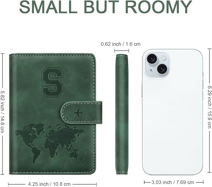 Personalized S Passport Holder Cover Initial Letter Travel Wallet RFID Blocking Passport Cover Credit Card Holder Case Passport Book Holders for Women and Men, Pine Green-S