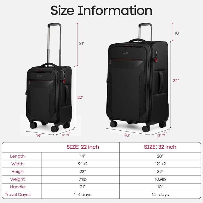 2PCS Set（22in/32in）Softside Luggage Sets w/ Spinner Wheels,Expandable 20% Luggage w/TSA LOCK,Upright Spinner Softshell,Lightweight Durable Rolling Travel Luggage Set for Men/Women（Black,22in/32in）