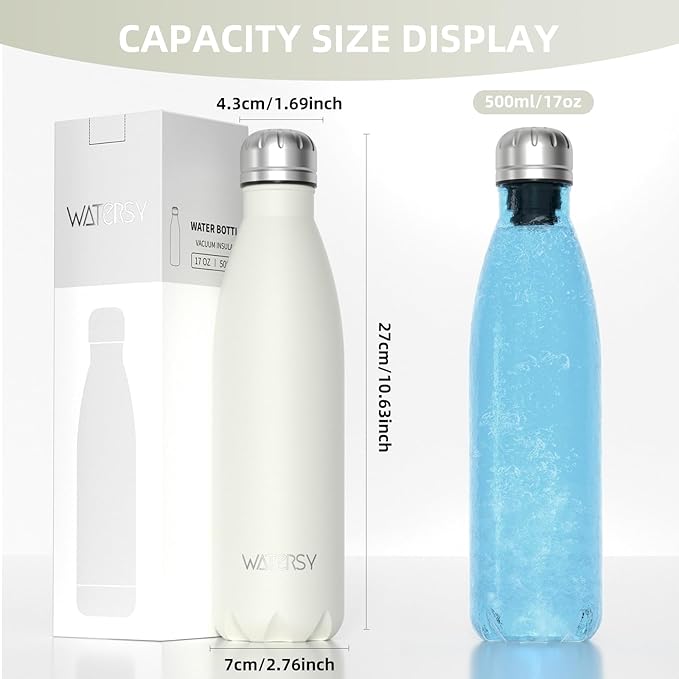 WATERSY Stainless Steel water bottles,17oz/500ml Insulated Water Bottles,Cream White metal water bottle Keeps Drink Cold and Hot,BPA Free kids water bottles for School,Gym,Travel,Sports
