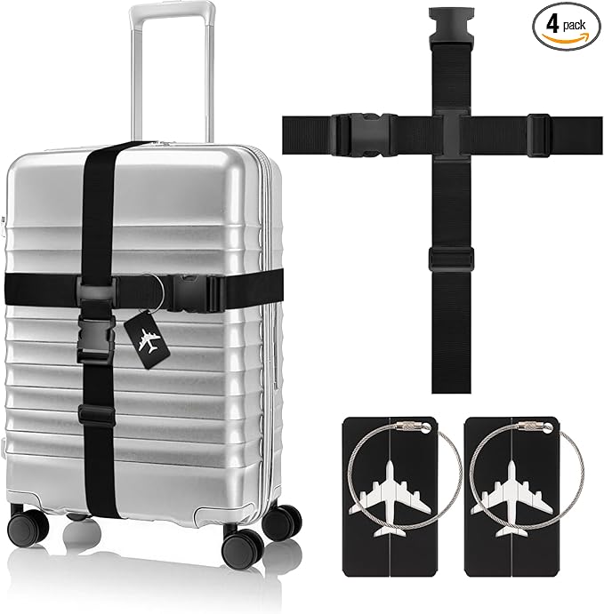 BILIONE Cross Luggage Straps and Luggage Tags Set, Cross Luggage Straps and 2 Tags Set, Heavy Duty Suitcase Belts Adjustable Travel Accessories for 20-32 Inch Luggage (Black)