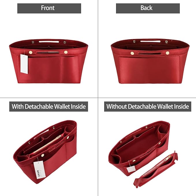 ZTUJO Purse Organizer Insert For Handbags, Silky Bag Organizer With 2 Zippers For Speedy Neverful Tote and More (Red, Small)