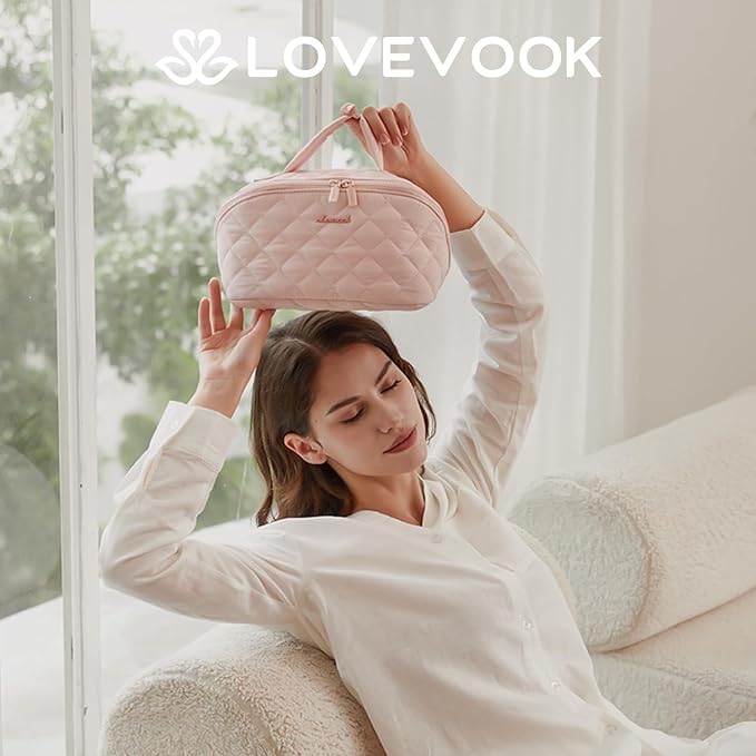 LOVEVOOK Travel Makeup Bag for Women, 2Pcs Puffer Waterproof Cosmetic Organizer, Large Capacity Pouch Open Flat Small Toiletry Bag with Brush Compartment & Handle (Pink, Large)