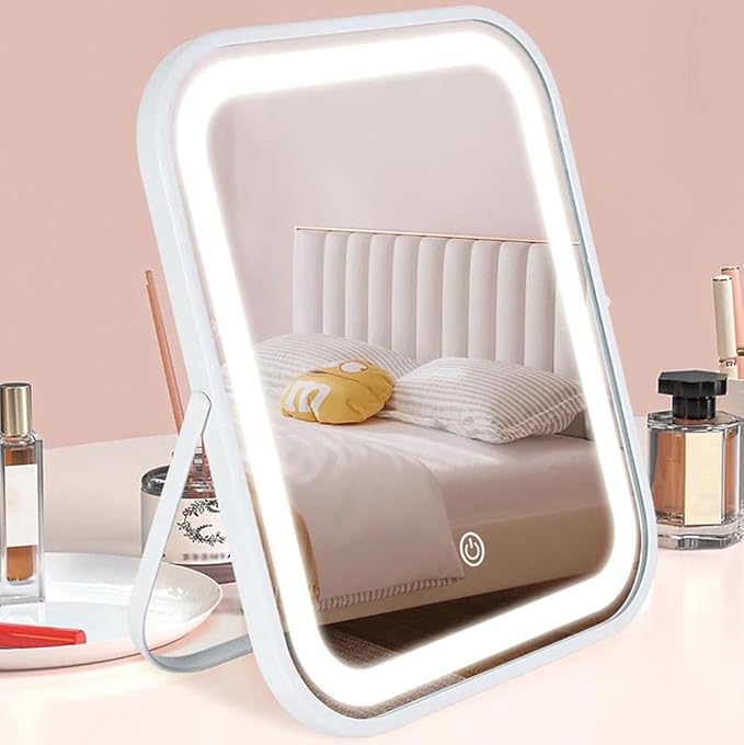 YEKKOPT Rechargeable Vanity Mirror with Lights,8x10 Inch 3 Color Lighting Portable Makeup Mirror with Touch Screen Adjustable LED Lights,Desk Mirror for Travel, Home