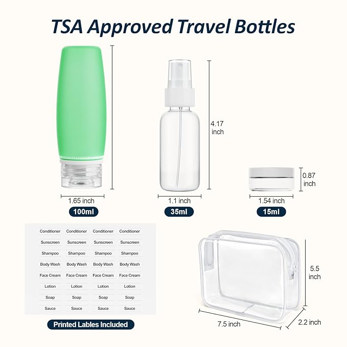 PACKISM 9 Pack TSA Approved Toiletry Bag with Bottles - Leakproof 3.4oz Silicone Travel Container Kit for Toiletries, Clear Quart Size Bag for Shampoo Conditioner Lotion (BPA Free)