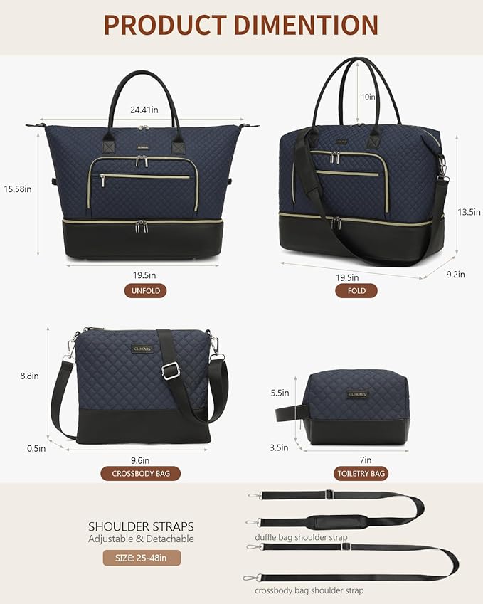 Duffle Bag for Women Travel, Weekender Bag Overnight Bag with Shoe Compartment, Carry on Bag with Crossbody Purse for Over Night, Weekend, Yoga, Gym, Business Trips, Hospital, Navy Black