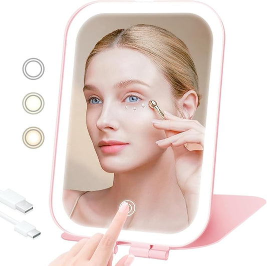 Travel Makeup Mirror, Portable Mirror with 3 Adjustable Light Settings, USB-Rechargeable Vanity Mirror with Lights，Gift for Women and Girls (Pink)