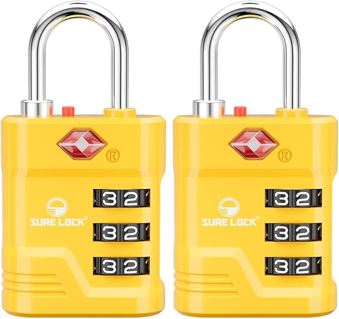 SURE LOCK TSA Approved Luggage Lock – 3-Digit Resettable Combination Padlock with Open Alert Red Dot, Large Easy-Read Dials for Suitcases, Backpacks, Gym & School Lockers(Yellow 2 pk)