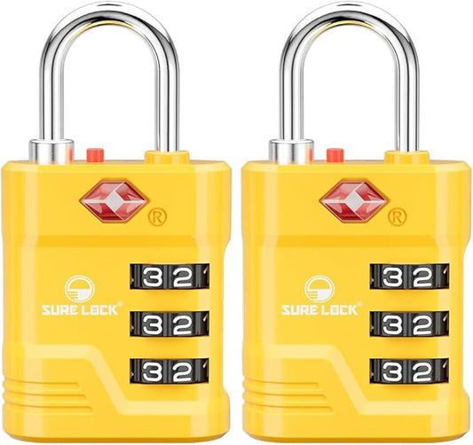 SURE LOCK TSA Approved Luggage Lock – 3-Digit Resettable Combination Padlock with Open Alert Red Dot, Large Easy-Read Dials for Suitcases, Backpacks, Gym & School Lockers(Yellow 2 pk)