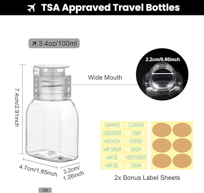 Travel Bottles for Toiletries 6 Pack 2oz/60ml Leak Proof Travel Size Toiletries TSA Approved Squeeze Bottles with Flip Cap Wide Mouth Containers for Shampoo Conditioner Body Wash(Clear)