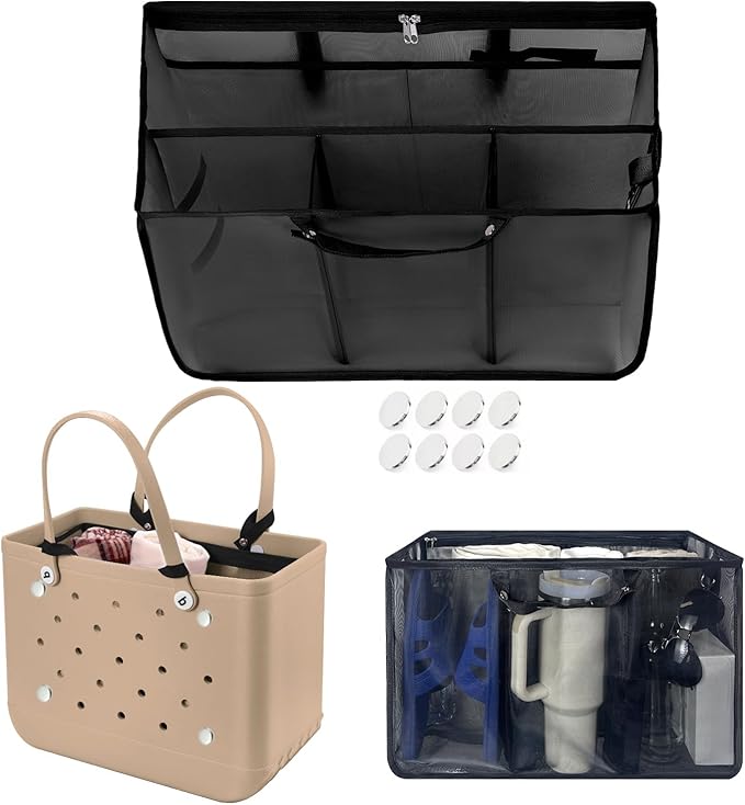 XYFuuee Beach Bag Organizer Inserts for Original Large Bogg Bag Accessories with 8 Removable Metal Fasteners, Lightweight Mesh Insert Divider Pouch, Organizing Rubber Tote, Save Space, Black XL