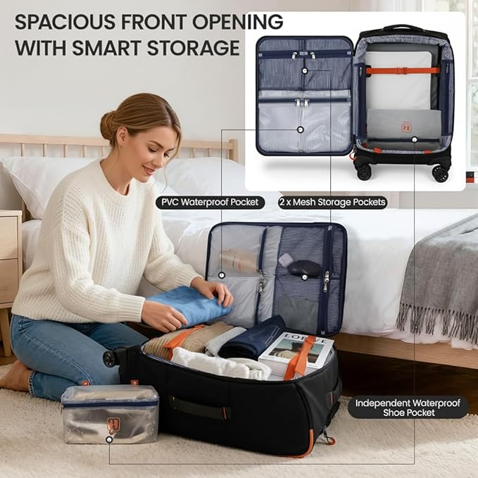 22" Luggage, Softside Suitcase w/Double Spinner Wheels, Waterproof,Lightweight Rolling Suitcases for Men/Women（Black,22in）