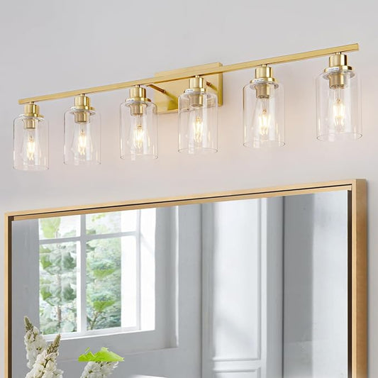 6 Light Gold Bathroom Light Fixtures Brushed Brass Vanity Light Over Mirror Modern Wall Lighting Sconces Wall Lamp for Bathroom, Bedroom, Living Room E26 Socket with Glass Shade
