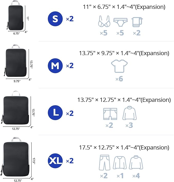 Compression Packing Cubes, 8 Set Packing Cubes for Travel Compression, Lightweight Compressible Package Organizer for Carry On and Suitcases, Black and Grey
