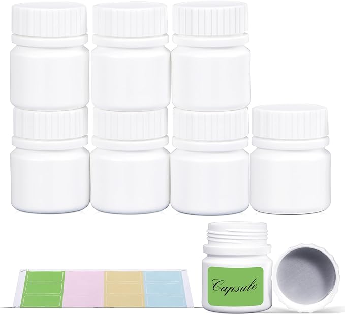 Small Pill Bottle for Travel Screw Top, Empty Medicine Bottles for Pills Capsules Vitamins, Food Grade Wide Mouth Plastic Small Travel Medicine Containers with Labels (White, 1oz/30ml, 8 Pcs)