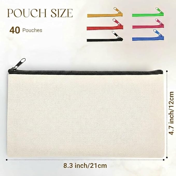 Cruleen 40 PCs Blank Canvas Zipper Pouch Bulk, Makeup Bags Bulk Pencil Pouch with Zipper–Multi-Purpose DIY Crafts Toiletry Canvas Bags Case for Sublimation, Embroidery, Stationery & Cosmetic Storage