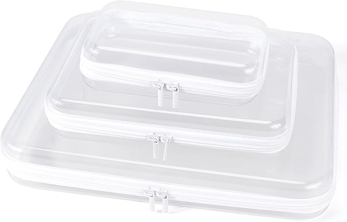 Clear Hard Shell Zipper Case, Clear Zipper Pouches Waterproof Makeup Organizer & Travel Toiletry Storage Bag, Plastic Pouch for Office, Home, White,3 Pack XL LS