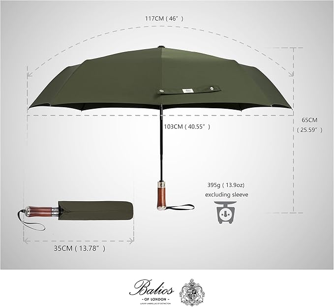 Balios (Designed in UK) Travel Umbrella Luxurious Golden Hardwood Handle Auto Open & Close Windproof Frame Single Canopy Automatic Folding Umbrella Men's & Ladies