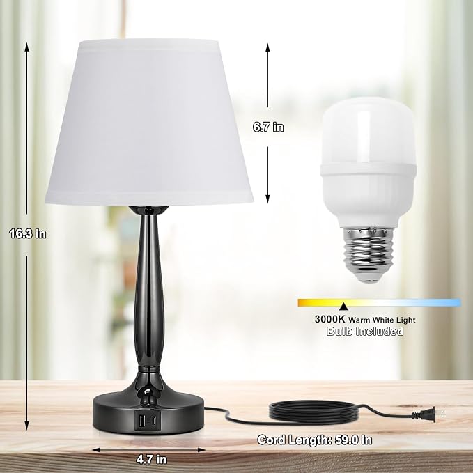 Kakanuo Touch Bedside Lamp for Bedroom with USB C Port, Small Touch Table Lamp with 2 USB Charging Ports, 3 Way Dimmable Nightstand Lamp for Living Room and Office - White (LED Bulb Included)