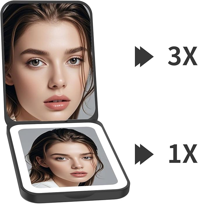 Kintion 2025 Pocket Mirror, Rechargeable Dimmable 3 Color Lighting 1X/3X LED Compact Travel Makeup Mirror for Purse, Portable, Folding, Handheld, Small Lighted Mirror for Women Gift, Black
