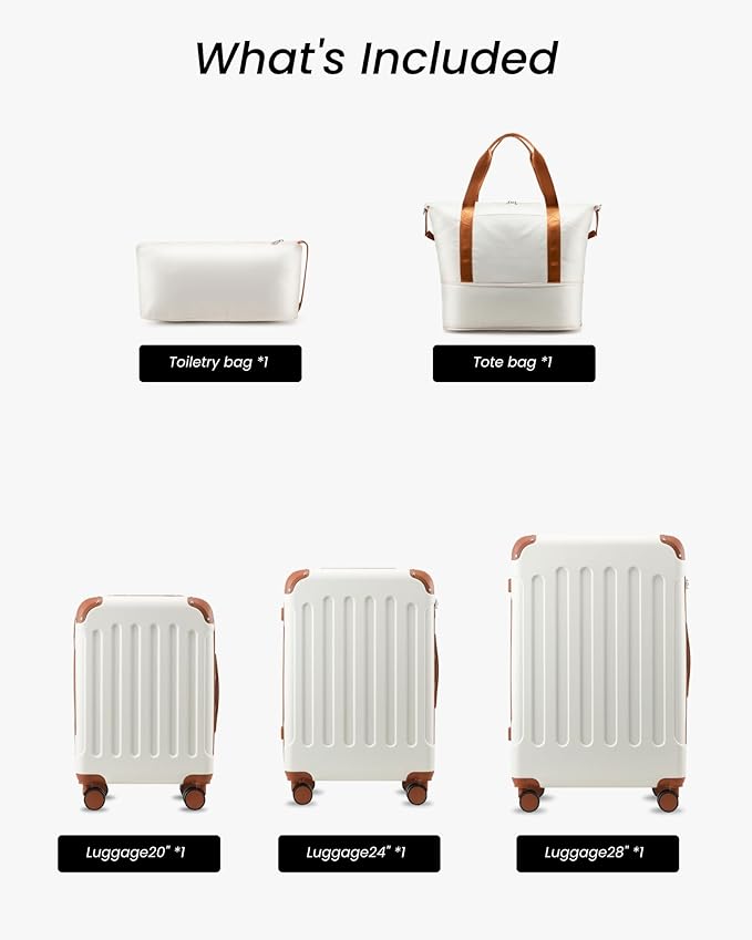 Luggage Sets 5 Piece, Hardside Suitcase with Wheels, TSA Approved, White Brown