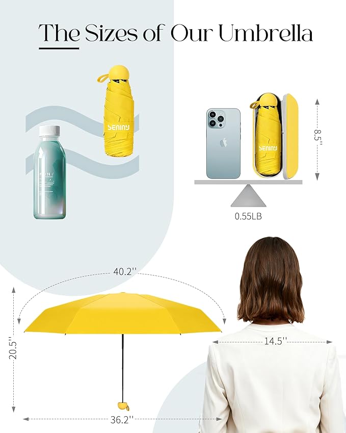 Seniny Mini Portable Travel Umbrella with Case - Compact Umbrellas for Rain & Sun UV Protection for Backpack Pocket, Lightweight Folding Small Umbrella, Tiny Purse Size UV Blocker for Kids Women Girls