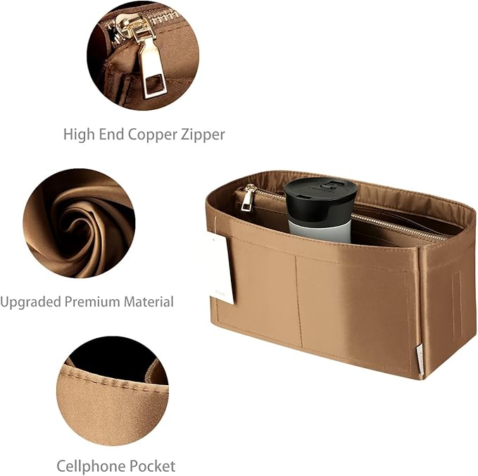 Purse Organizer Insert For Handbags, Purse Organizer With Zipper, Neverfull Organizer, Bag Organizer For Speedy Neverfull ONTHEGO Tote, Handbag and More (Silky Brown, Medium)