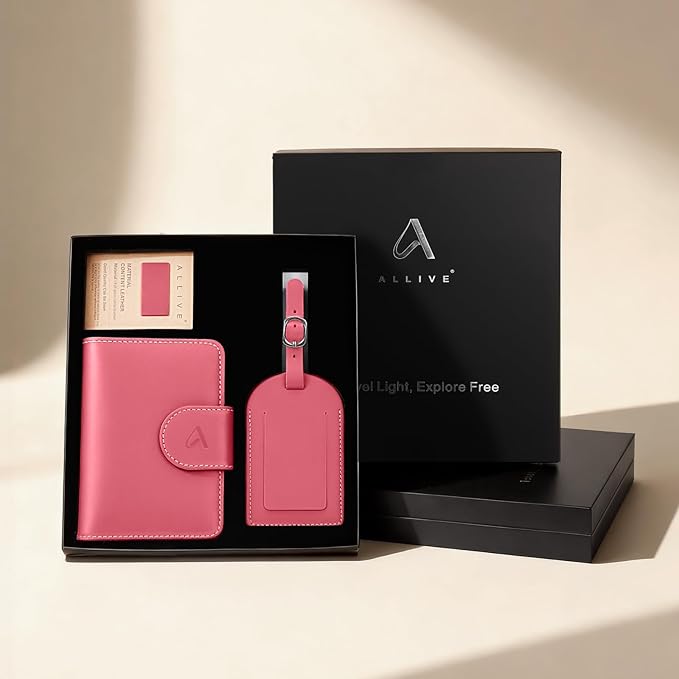 ALLIVE Rfid Passport Holder for Travel Women, Rfid Passport Cover Wallet, Genuine Leather Passport Holder for Travel with AirTag Hidden, Gift Set with Luggage Tag in Premium Gift Box (Rose Pink)