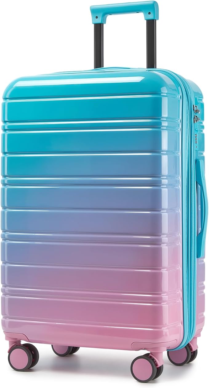 LARVENDER 28 Inch Checked Luggage with Spinner Wheels, PC+ABS Expandable Large Suitcases with Wheels, Travel Luggage sets for Women and Men, Cotton Candy