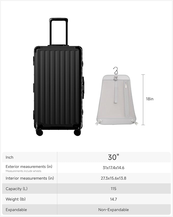 LUGGEX Checked Suitcase with Spinner Wheels, 8010S Aluminum Frame Zipperless Polycarbonate Hard Shell Suitcase (ZX-Core, Black, 30 Inch)