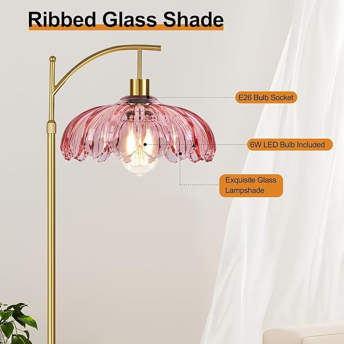 Gold Arc Floor Lamp for Living Room Bedroom,Mid Century Modern Standing Lamp with Remote,Dimmable Brass Tall Lamp Pink Flower Glass Lamp,Adjustable Vintage Floor Lamps Floor Light for Corner Office