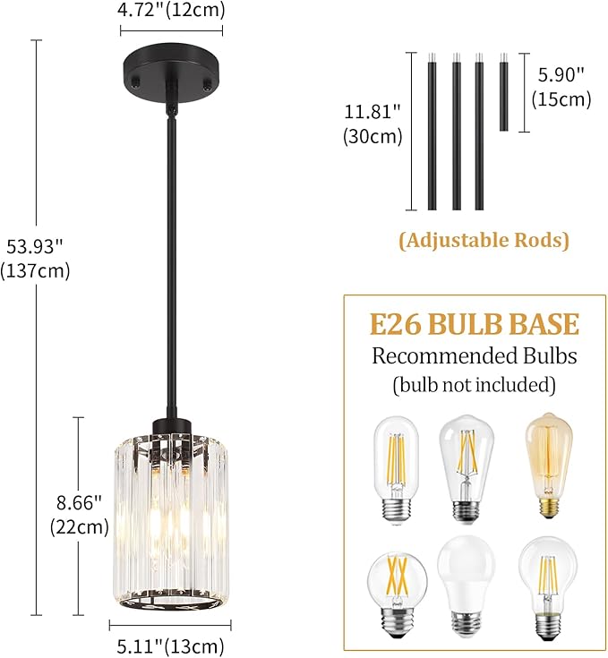 2 Pack Black Pendant Lights Kitchen Island Crystal Hanging Lighting Fixture | Adjustable Height Modern Pendant Light for Bathroom Dining Room Over Island Sink Entryway Hallway Ceiling Light