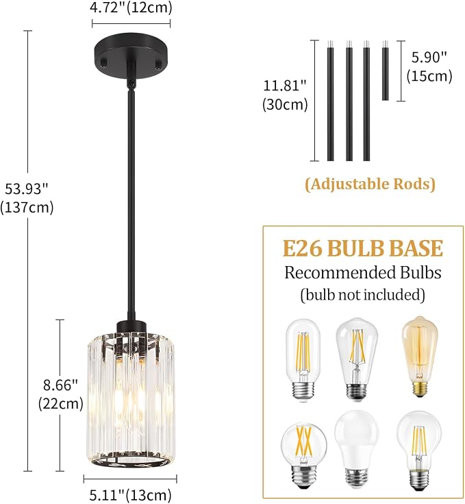 Black Pendant Lighting Over Island, Modern Kitchen Light Fixtures | 1 Pack Adjustable Hanging Lamp Crystal Pendant Lights for Dining Room Hallway Entryway Bathroom Above Sink