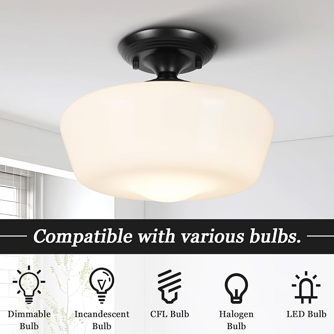 Schoolhouse Style Semi Flush Mount Ceiling Light with Dimmable Bulb Remote Control, 12" Modern Gold Hallway Ceiling Lamp with Opal Milk Glass Shade, Farmhouse Globe Light for Bedroom Kitchen Laundry
