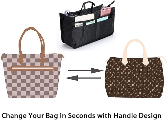 BTSKY Printing Handbag Organizers Inside Purse Insert - High Capacity 13 Pockets Bag Tote Organizer with Handle (Black)