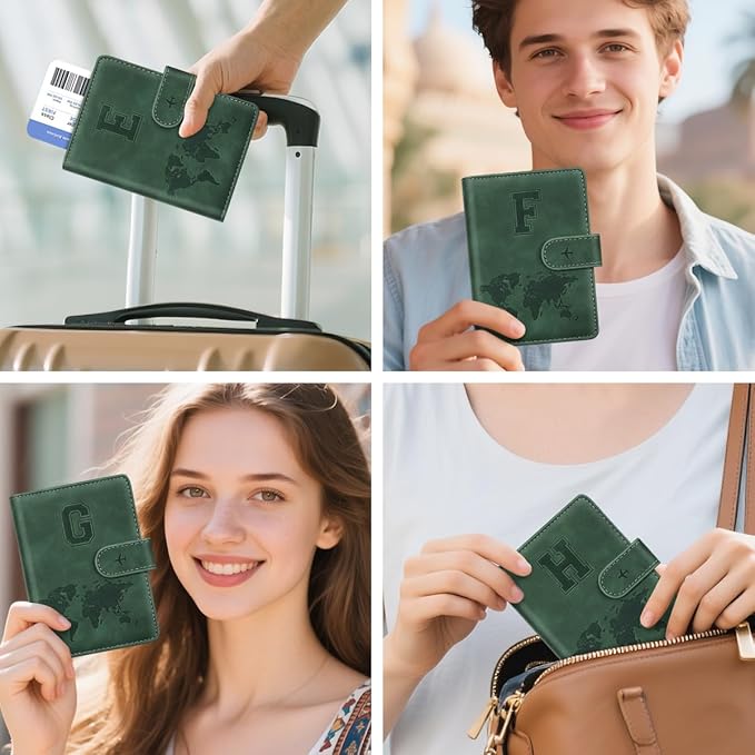 Personalized H Passport Holder Cover Initial Letter Travel Wallet RFID Blocking Passport Cover Credit Card Holder Case Passport Book Holders for Women and Men, Pine Green-H