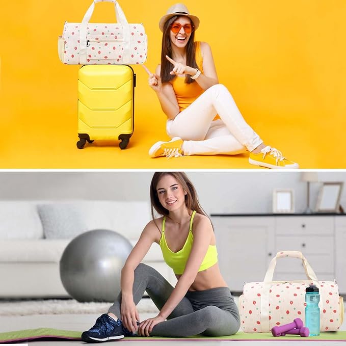 Gym Travel Duffle Bag for Girls - Gymnastics Sports Dance Bag with Shoe Compartment & Wet Pocket Strawberries Kids Travel Bag Teens Weekender Sleepover Carry On Bag