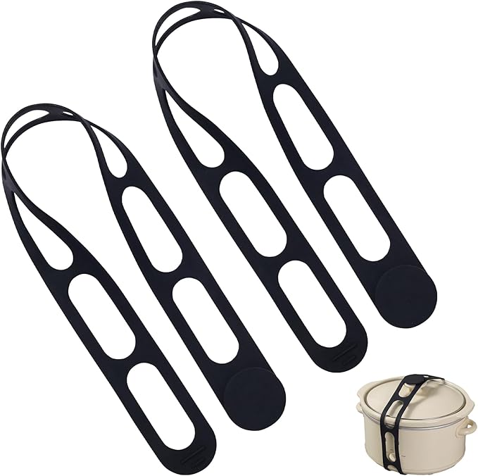 Silicone Latch Strap for Slow Cooker Lid, Pot & Food Storage - 2-Pack Black, Reusable Universal Lid Lock & Adjustable Silicone Straps for Cooking