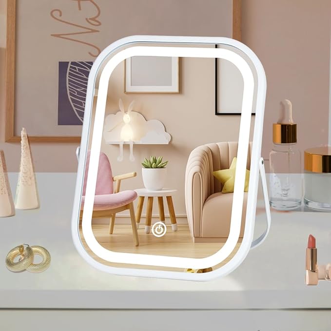 Vanity Mirror with Lights 6x8 Inch, Rechargeable Makeup Mirror for Desk, 3-Color Lighting & Touch Control Tabletop Mirror Lights, Portable Cordless Travel Mirror