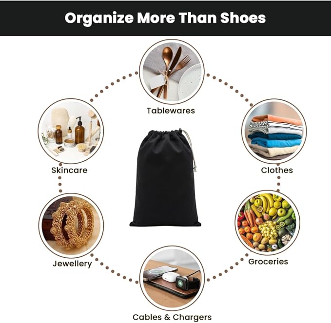 LFH Cotton Rich Shoe Storage Bags with Drawstring, Dustproof Breathable Reusable Organizer, Perfect For Travel, Dorm, Hotel, College, Gym, Machine Washable 12"x17" (Pack of 2) - Black sand
