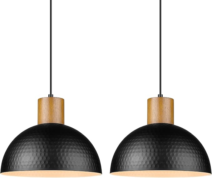 ELYONA 2 Pack Hammered Pendant Lights, 12" Industrial Metal Dome Hanging Lamp, Solid Wood Pendant Light Fixtures for Kitchen Island, Bar, Farmhouse, Dining Room, Bedroom, Hallway, Black