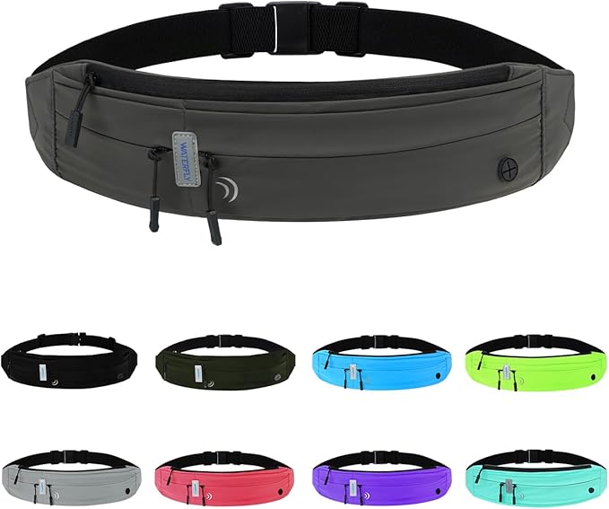 WATERFLY Running Belt Fanny Pack: Runner Marathon Jogging Waist Pack Sport Workout Exercise Fitness Phone Holder Belt for Men Women Jogger Slim Waistband Black