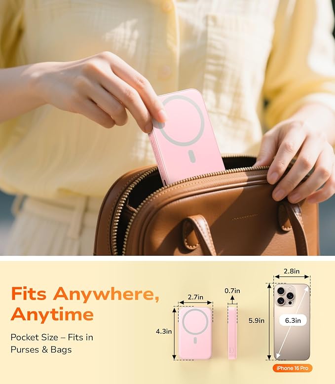 Gospire 2-in-1 Travel Mirror with Light and 3000mAh Magnetic Power Bank for iPhone 16/15/14/13/12 Series Only, Compact Mirror for Purses, 3 Color Lights and 3X/1X Magnification - Pink