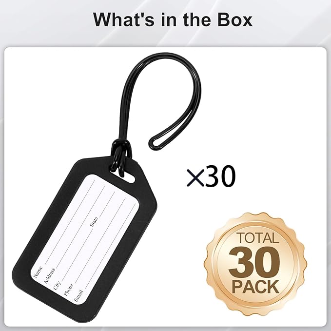30 Pack Luggage Tag Bright Luggage Tags for Suitcases Bag Tags Name Tags for Kids Travel Accessories Must Haves by Sodsay (Black)