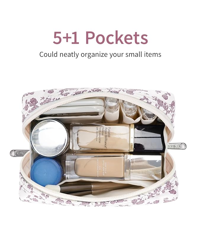 Narwey Small Cute Floral Makeup Bag for Purse Mini Cosmetic Bag Travel Makeup Pouch Zipper Pouch Cute Make up Bags with Compartments for Women Girls (Dusty Pink Flower, Small)