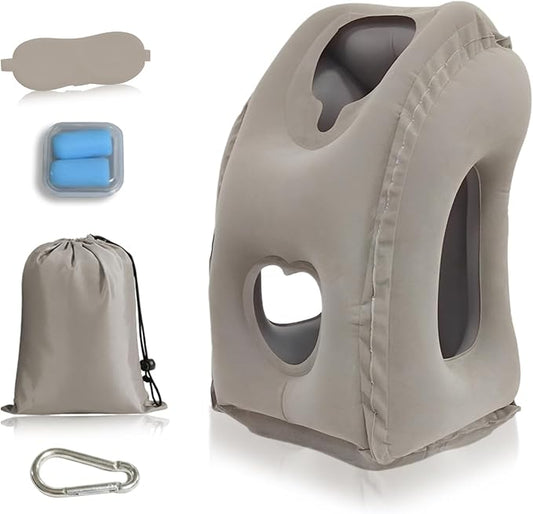 Inflatable Travel Pillows for Airplane, Blow Up Neck Pillow for Sleeping for Long Flight Support Neck,Head & Shoulder, Used for Travelling Car/Airplane/Office Nap-Comes with Eye Mask and Earplugs_Gray